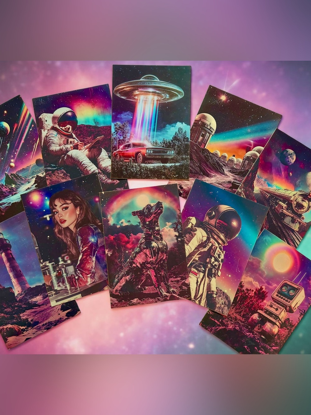Y2K Retro Space Postcard Set Aesthetic Wall Art Sci Fi Neon Collage 10 Pack